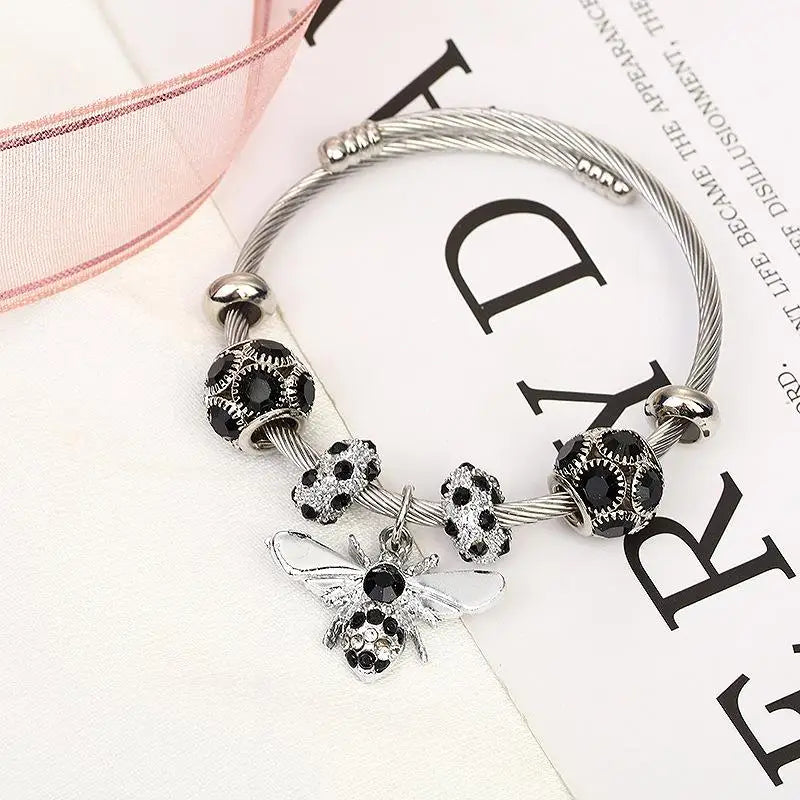 Women Round Titanium Steel Metal Inlay Imitation Crystal Rhinestone Bee Shape Gold-Black Balls Toggle-Clasps Bangle Charm Bracelets/Colors-Gold/Silver/Red/Clear/Pink/Geometric