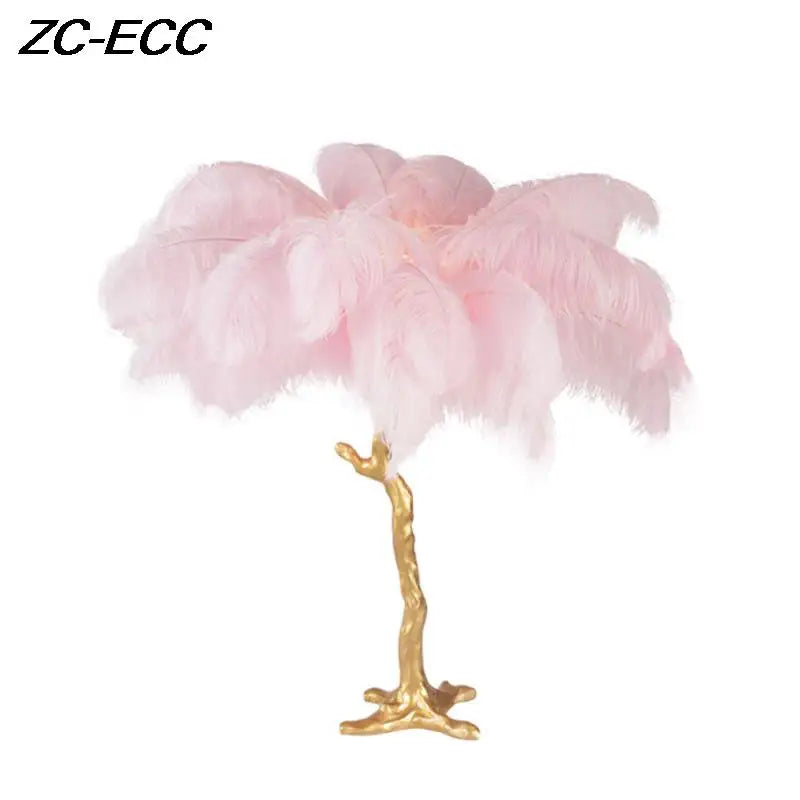 Modern Resin Gold Iron Tree-Like Trunk Base LED Ostrich Feather Up-Down Shade Standing Table Lamps/Colors-White/Pink/Blue/Orange/Black/Gold