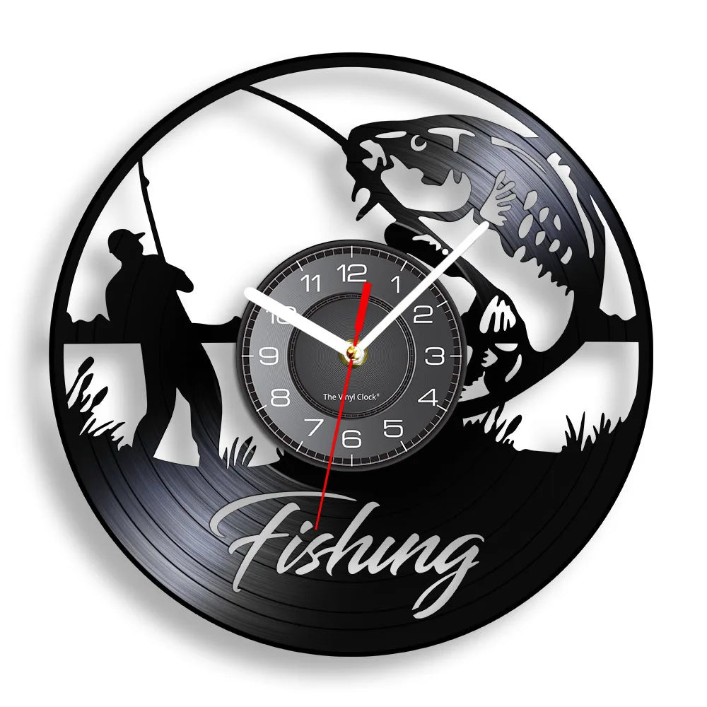 Retro Handmade Plastic Vinyl Record Gone Fishing Silhouette Of Fisherman Catching A Fish With Rod-N-Reel Wall Clocks/Battery Not Included/ 1 AA Battery Size/With-Without LED Light/Colors-Black/Geometric