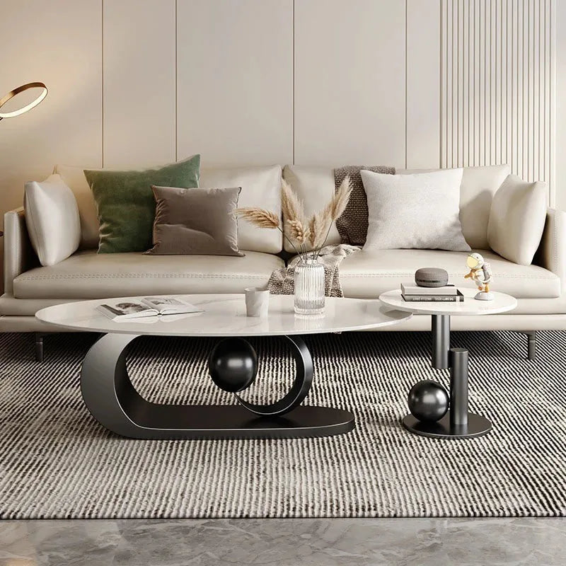 2 pcs Marble Topped Oval-Shaped Coffee Table Gold Colored Metal Base / Small Round Coffee Table Set/ Size: Oval Table 42cm H x 120/130cm W/ Size: Small Round 50cm W x 48cm H