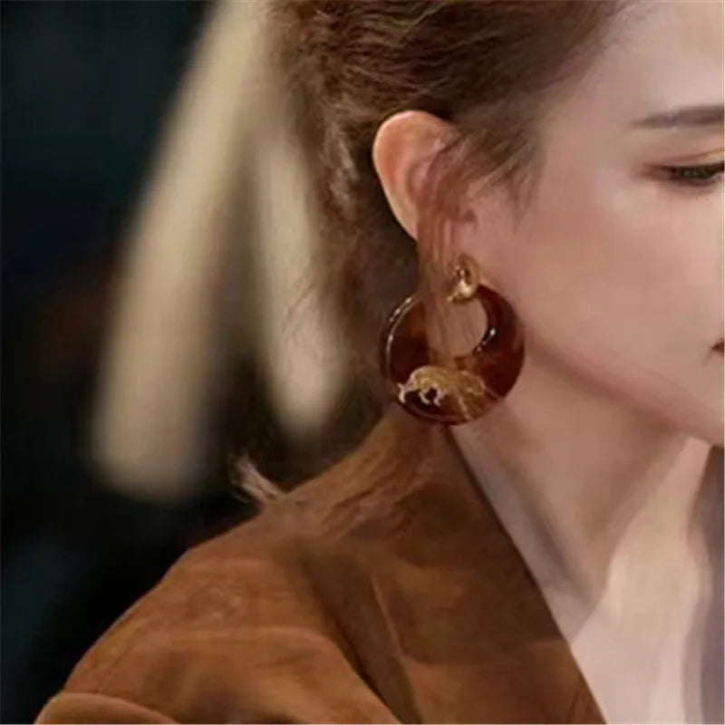 XIALUOKE Women Imitation European-American Geometric Round Stainless Steel Resin Flat Brown Hoop Gold-Platinum Metal Tiger Drop Earrings