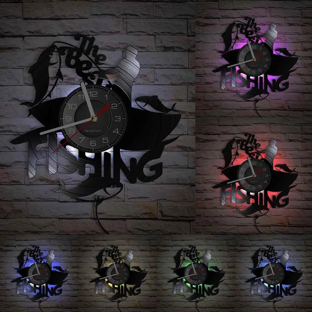 Retro Handmade Plastic Vinyl Record Gone Fishing Silhouette Of Fisherman Catching A Fish With Rod-N-Reel Wall Clocks/Battery Not Included/ 1 AA Battery Size/With-Without LED Light/Colors-Black/Geometric
