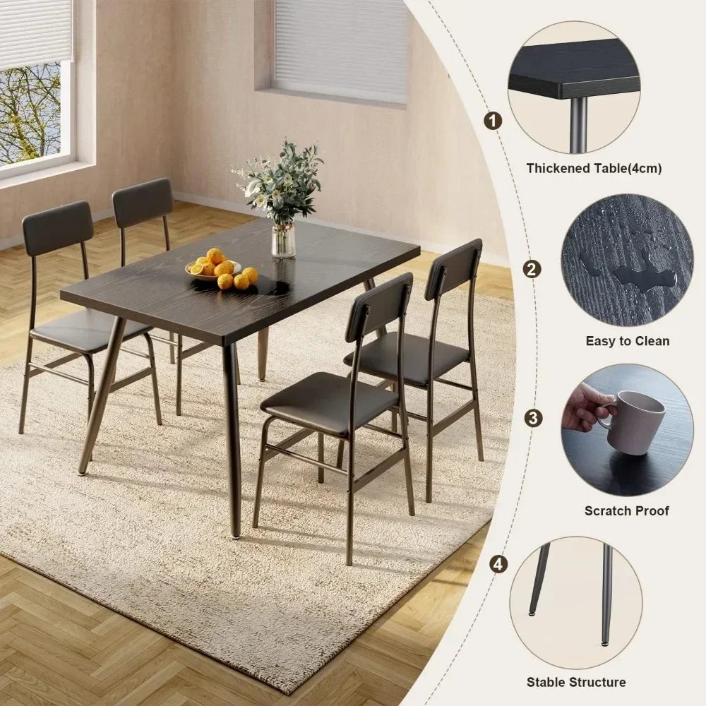 Kitchen Metal Framed Small Dining Table Set w/4 PU Leather Cushion Chairs/Anti-Slip Foot Pads/Colors-Black/Gray/Brown/Dimensions L x W x H: 44.88 x 29.52 x 29.52 inches