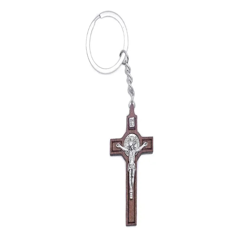 Unisex Brown Wooden Cross Of Jesus on Cross Metal Keychains