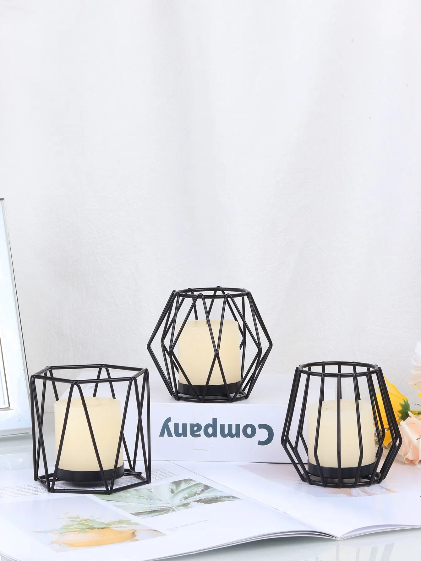 Black Indoor Rounded Edges Nordic Iron Art Geometric Cup Candle Big Tealight Self-Operated Candleholders/Batteries Not Included
