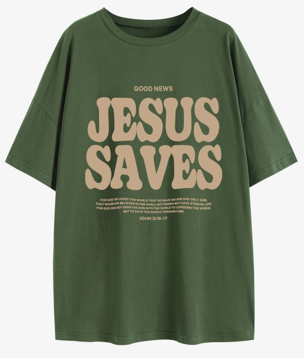Women's Oversized Short Sleeves Ruffles O-Neck Good News Jesus Saves ( John 3: 16-17 Bible Verse) T-Shirts/Sizes: S-2XL/Colors-Brown/Gray/Green/Beige/Black/White