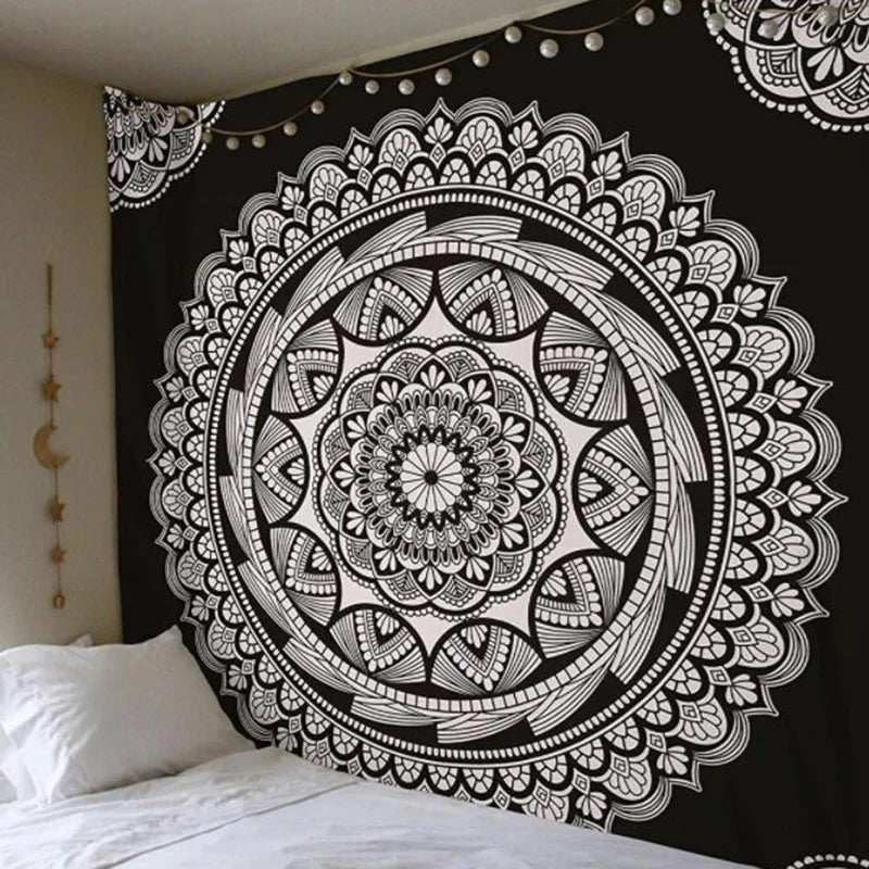 Geometric Color Printed Black Background Mandala Wall Hanging Cotton-Polyester Tapestries