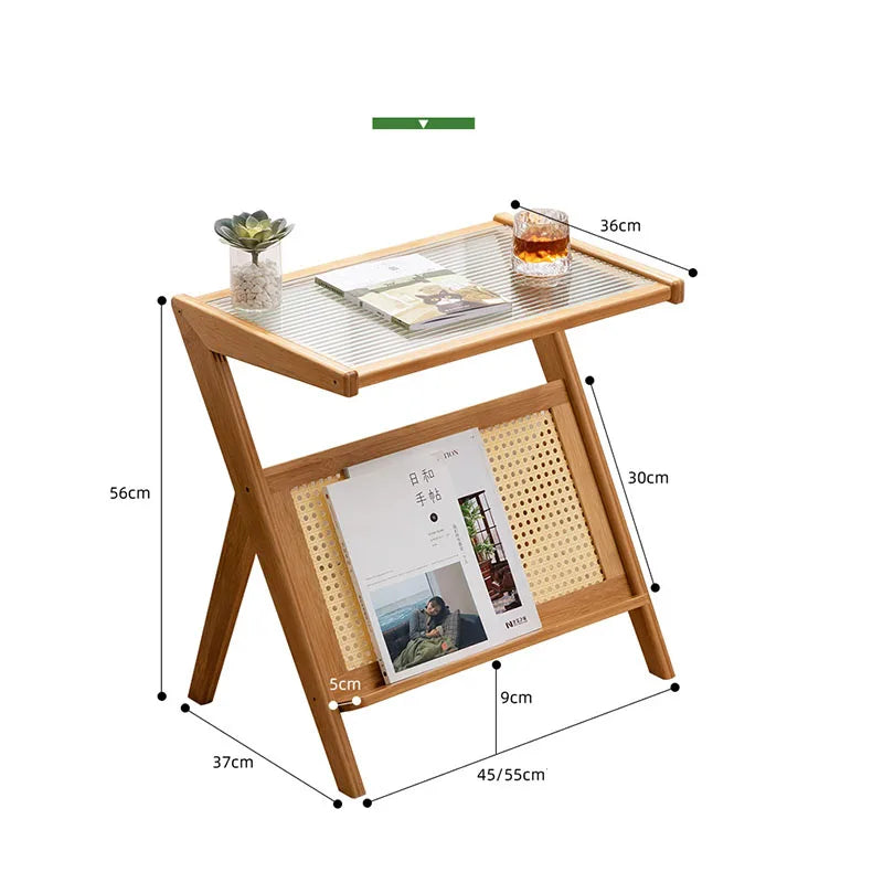 Z Shaped Bamboo Removable Glass Top End Table W/ Magazine Rack/Colors-Black/Brown/Oak