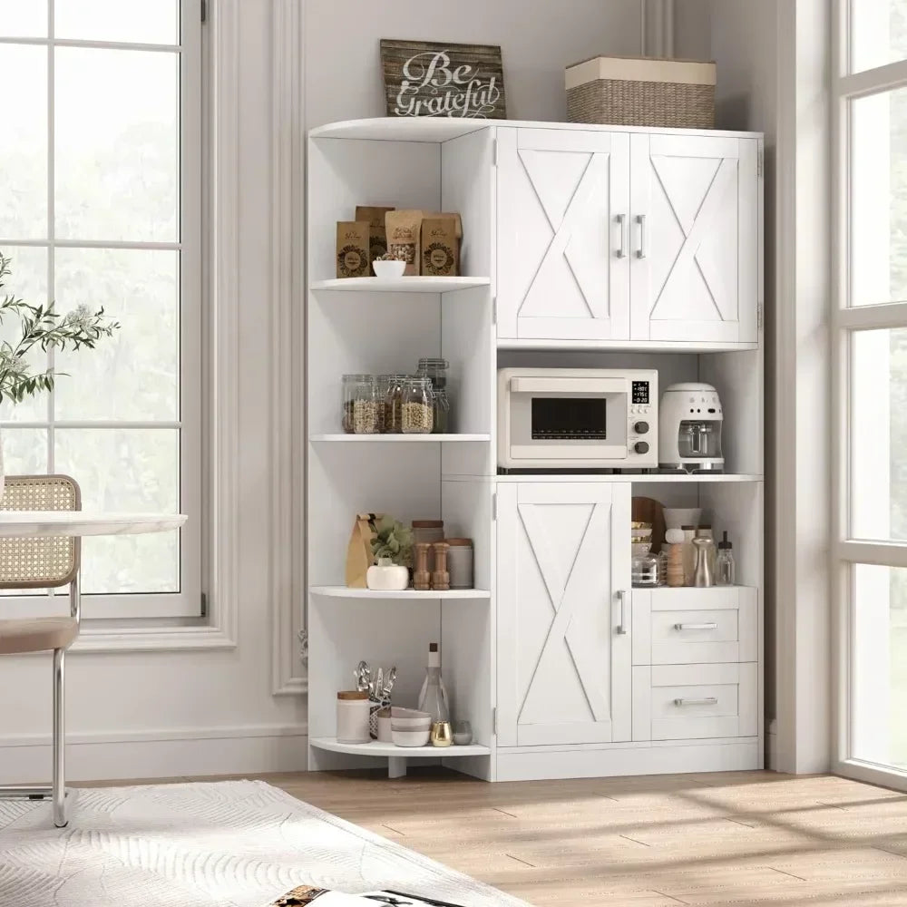 Solid Wood Farmhouse Kitchen Storage Cabinet/4 Tier Adjustable Shelves w/ 3 Doors /Dining Sideboard /2 Easy-Glide Drawers/Colors/White/Gray/Brown/ Holds Up To 350 lbs.