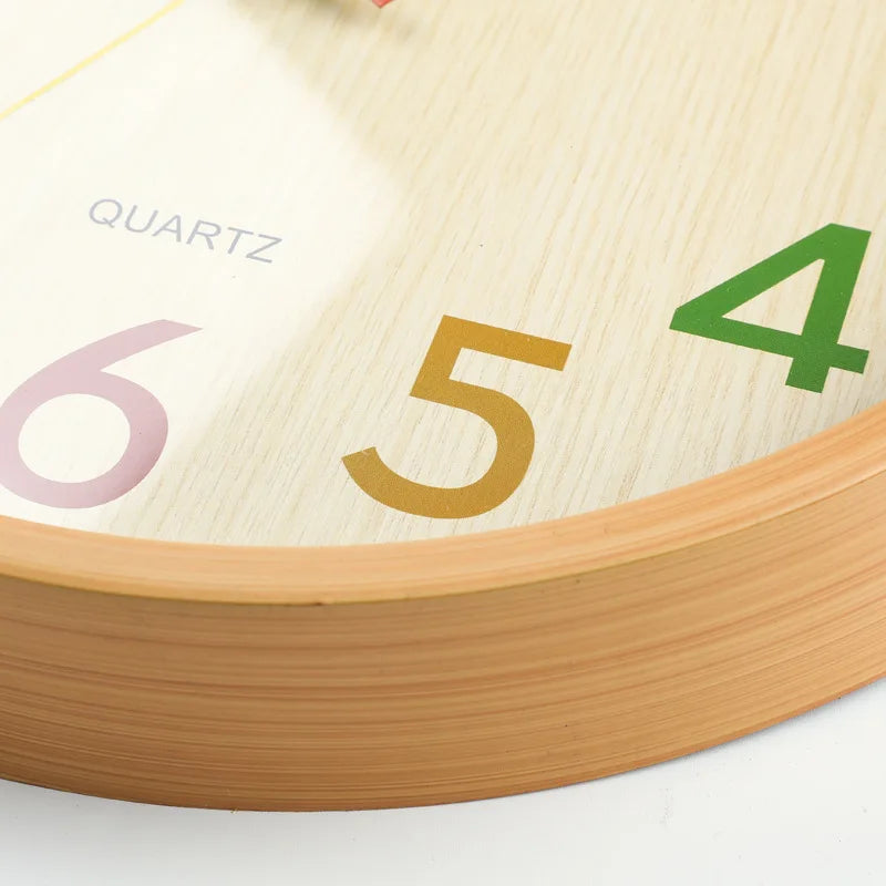 12 Inch Quartz Round Wood Silent Movement Wall Clocks w/Colorful Hands/ Colorful Numbers/Size: 29.5cm H x 4.2cm W/Plastic Materials Inside/ Runs Off 1.5V AA Battery / Battery Not Included