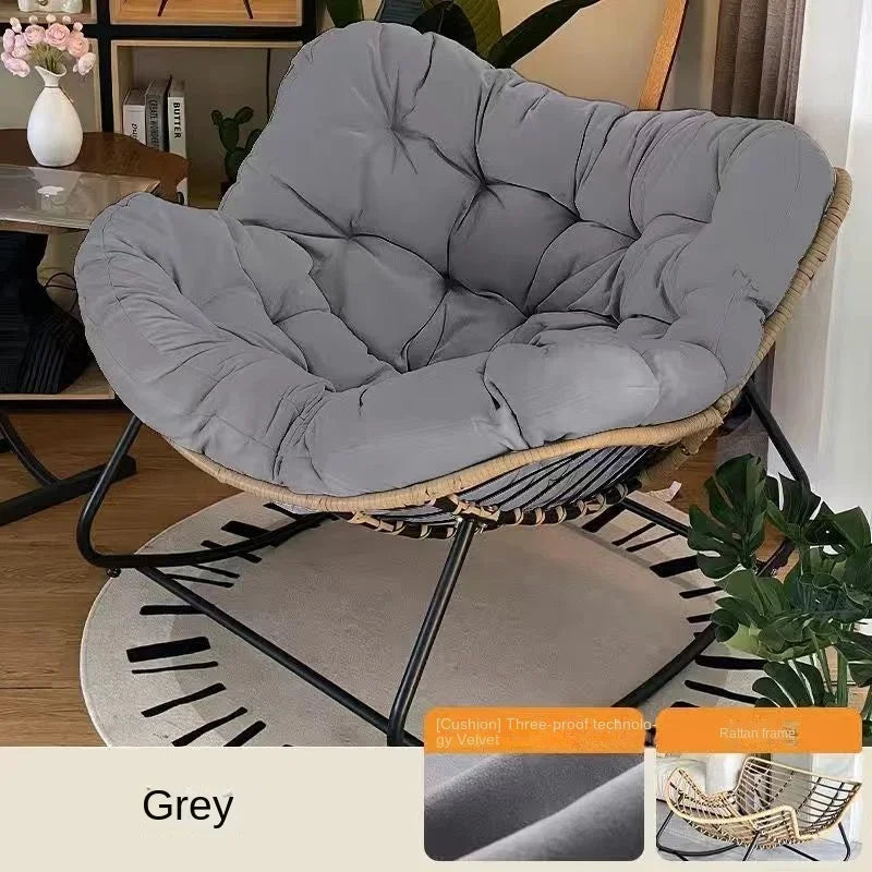 No-EN-Name-Null Modern Indoor One Person Soft Upholstered Padded Bird Nest Thick Linen Multicolor Cushions Rattan Seat Bottom Black Metal Frame Reclining Rocking Chairs/Colors- Gray/Beige/Black/Brown/Multicolor
