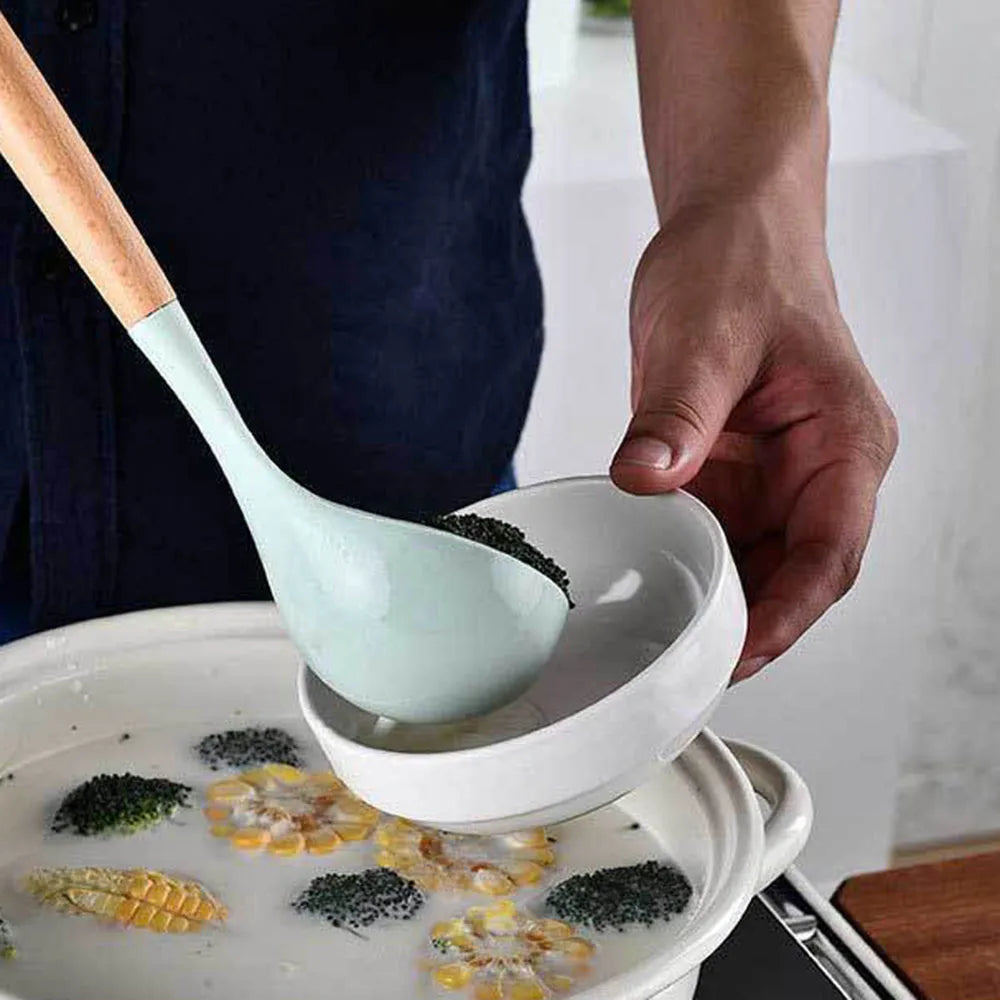 12 PCS Non-Slip Heat Resistant Silicone-Wood Handle Kitchen Utensils Cooking Sets/Colors-Blue/Green/White/Black/Storage Box Included