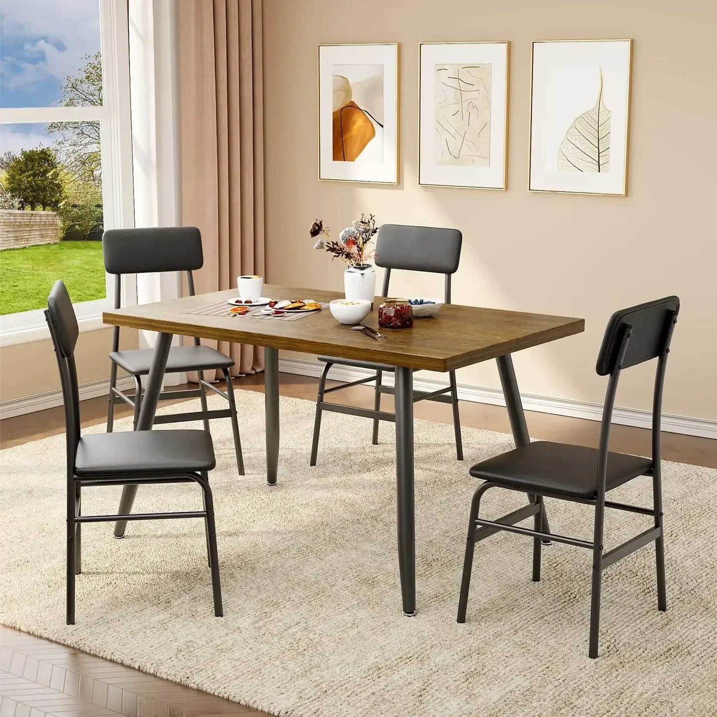 Kitchen Metal Framed Small Dining Table Set w/4 PU Leather Cushion Chairs/Anti-Slip Foot Pads/Colors-Black/Gray/Brown/Dimensions L x W x H: 44.88 x 29.52 x 29.52 inches