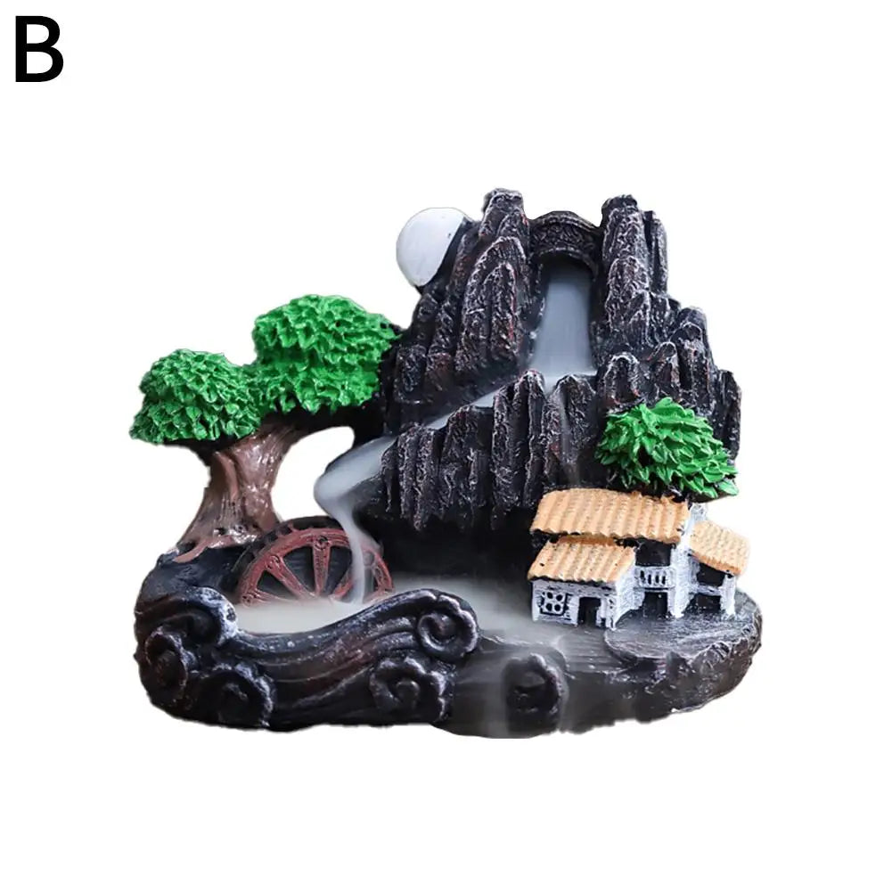 Ceramic Resin Small Village Scene Trees Rocky Mountain Terrain Brown Mill Wheel Realistic Flowing Water Backflow Incense Burner Holders/Colors-Black/Gray/Brown/Green