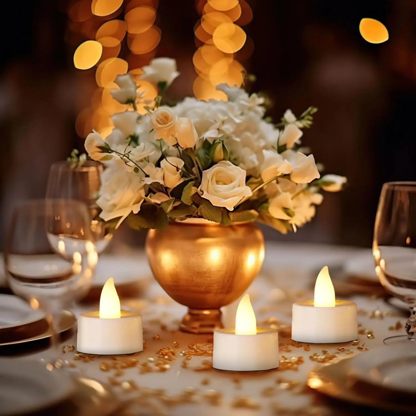 24 PCS Set Plastic Flickering Warm Flameless Small Round Tea Light Candles/Colors-White/Brown/Button Batteries-Bulbs Included