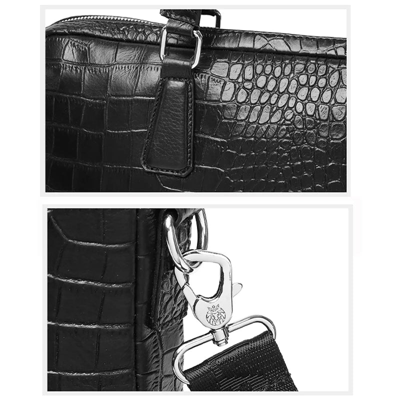 Men Black SCHLATUM Genuine Leather Crocodile Print Hard Briefcases Polyester Bag / 1 Handles/Straps /Fits 13-15.6 Inch Laptop/Built-In Compartment