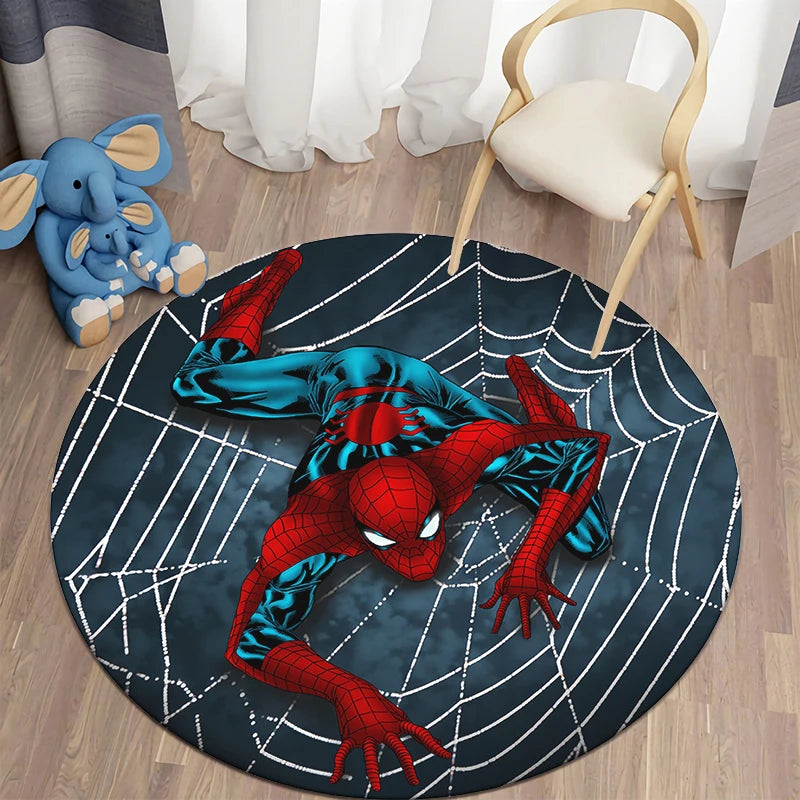 MINISO Round Shaped HD Printed Red Background MARVEL Spider Man Design Anti-Slip Plastic Dots Bottom Fade Resistant Soft Velvet Polyester Fabric RUGS /Colors-Orange/Blue/Red/Multicolor