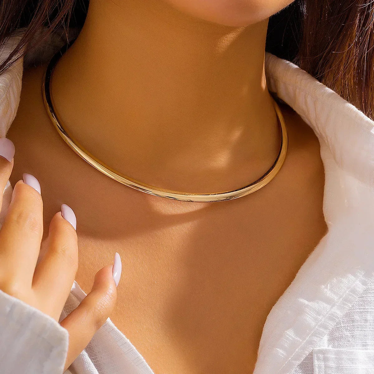 Women Round Imitation Torques Stainless Steel Choker Collarbone Necklaces/Colors-Gold/Silver
