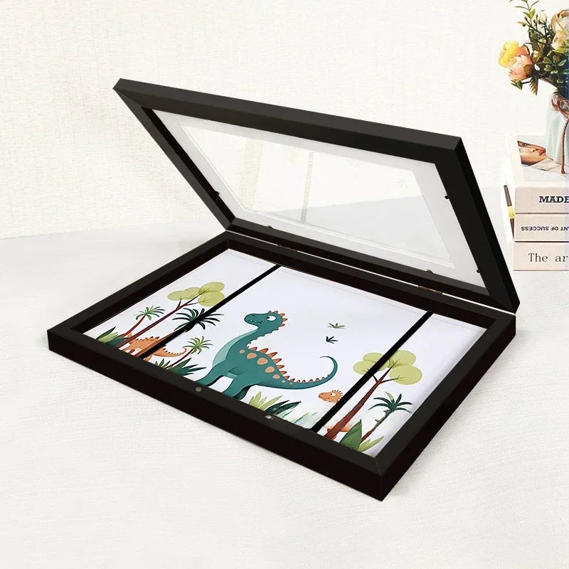 Kids Rectangle Wood Trim Acrylic Cover Artwork Display Magnetic Closure Picture Frames/Elastic Band/Colors-White/Black/Brown/Green/Pink