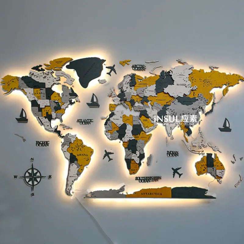 World Light Emitting Map Solid Wood Stereoscopic Wall Decoration/Colors-Brown/Blue/Beige/Black