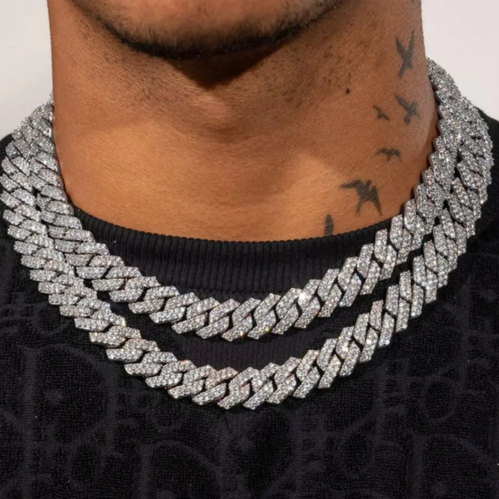 Women-Teen Girls Gold-Silver Metal Iced Prong Chunky Cuban Chain Link Geometric Shape Shiny White Rhinestones Imitation Punk Necklaces