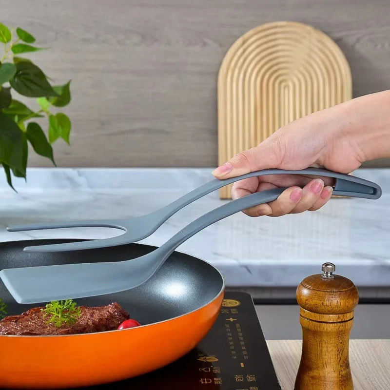 Kitchen Silicone Nylon Handle Non-Slip Two-In-One Frying Spatula Shovel-Clip Holder/Colors-Red/Gray/Black/Multicolor