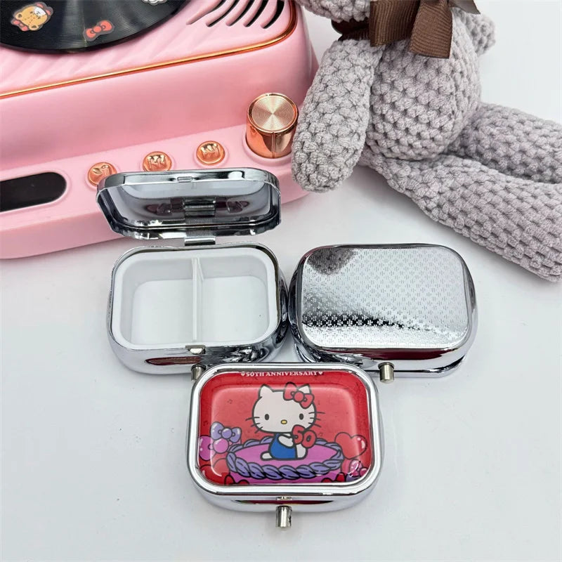 Hello Kitty's Cat Portable Square HD Mirrored Mini Sealed Cute Cartoon Girl Heart 2 Sub-Pockets Jewelry Box