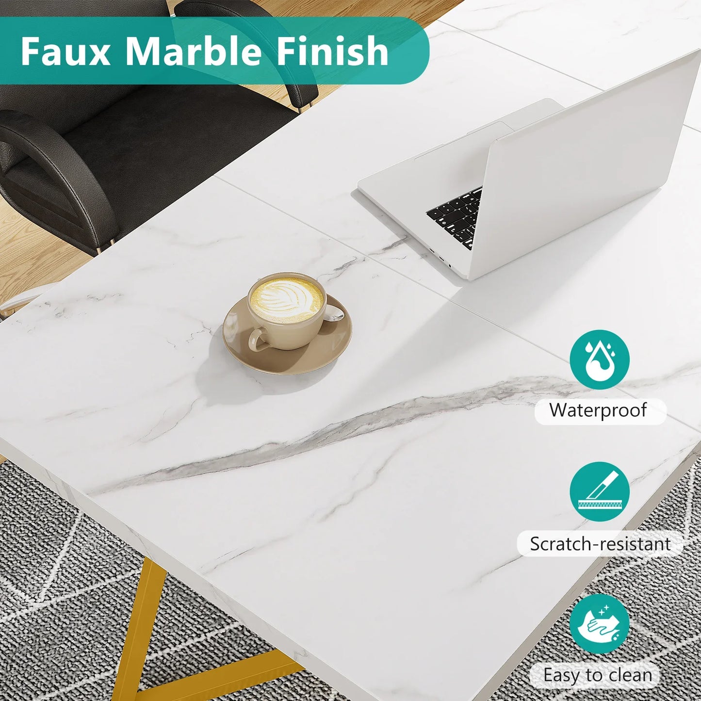 Tribesigns Waterproof Scratch-Resistant Rectangle Modern Dining Table Faux White Marble Table Top w/ Metal Golden Legs/Size: 31.49"D x 55.11"W x 29.52"H