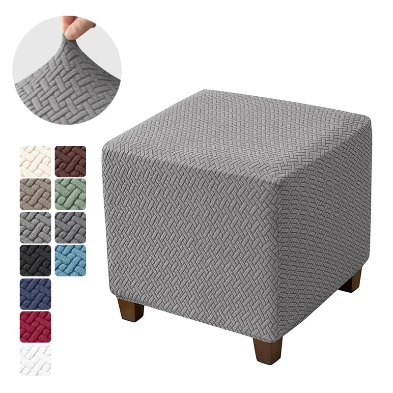 Solid Color Velvet-Spandex Jacquard Square Ottoman Elastic Stretch Footrest Slipcovers/Colors-Gray/White/Beige/Black/Blue/Green