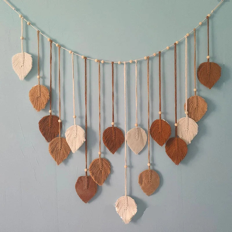 Handmade Boho Fabric Sage Green-Off-White Macrame Leaves Natural Wall Hanging Tapestries/Colors-Green/Brown