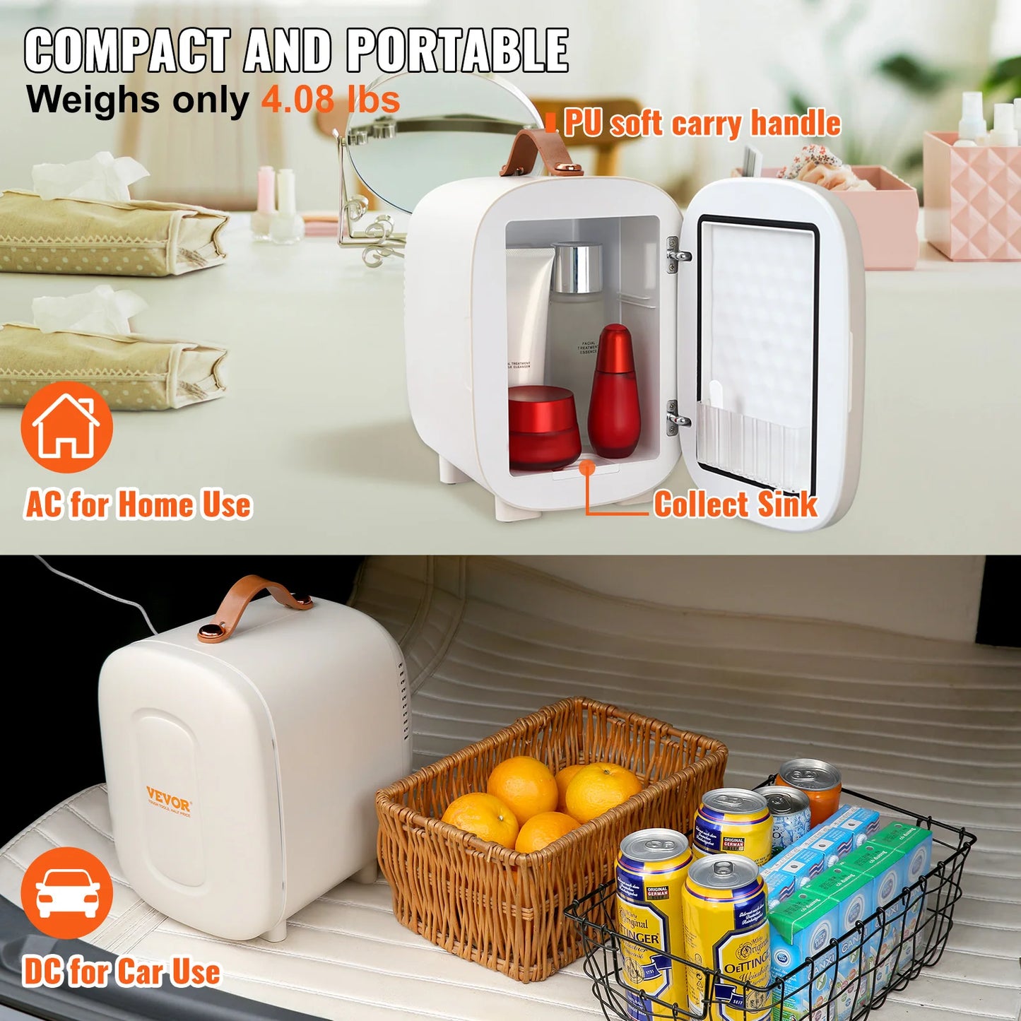 Vevor Mini White Portable Cold-Warm Mode Aluminum Lining Fridges/4-6 -12oz Cans/Only 4.08 lbs/ USB Power Cord