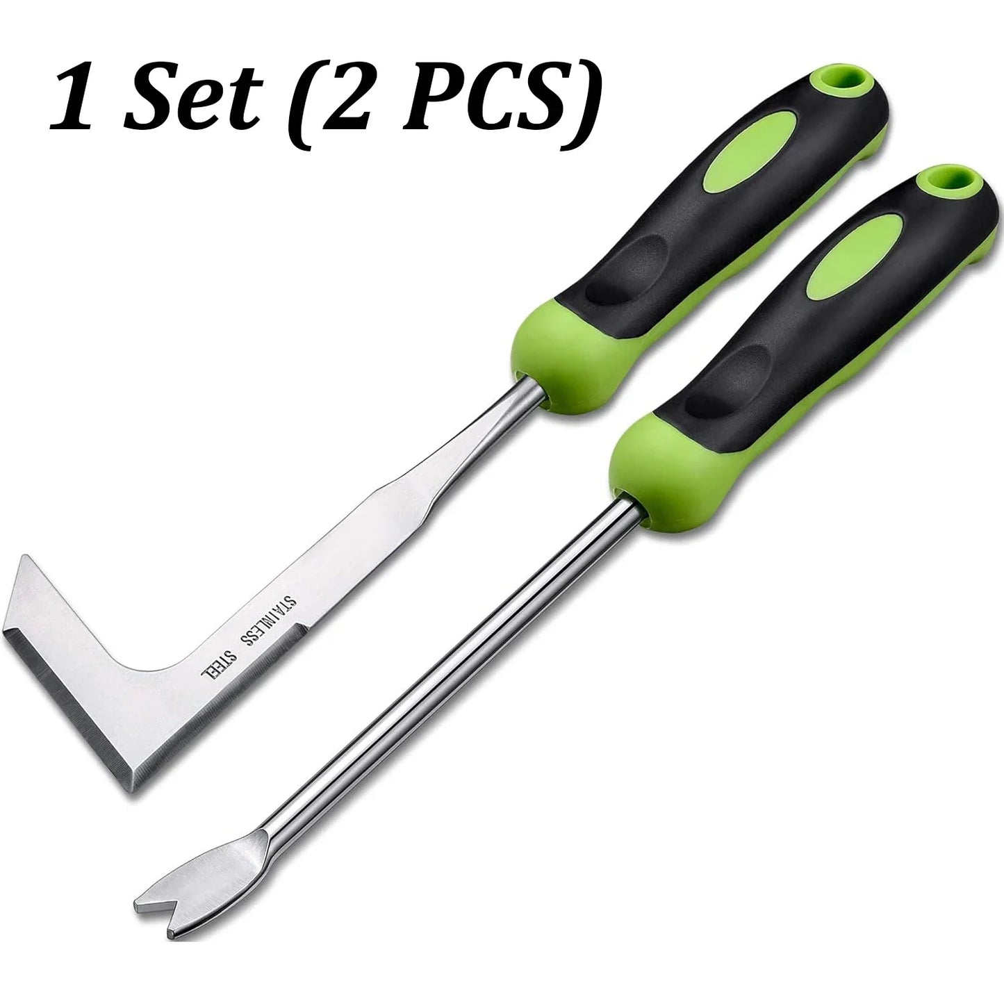 NINTH WORLD Outdoor 2 PCS Anti-Slip Grip Long Length Green-Black Rubber Handle L-Shaped Uncoated Stainless Steel Handheld Manual Weed-Root Cultivating Tools Sets