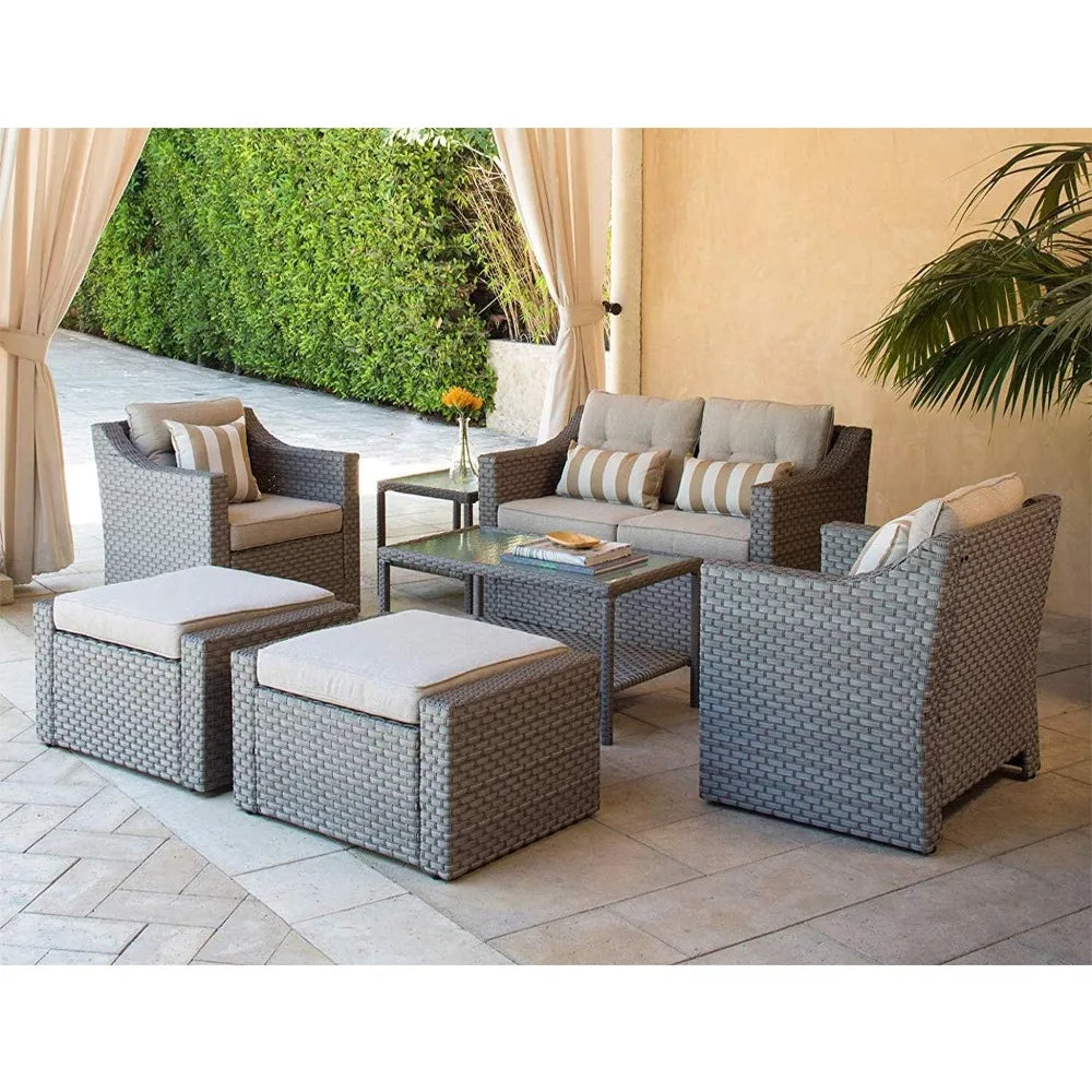 No-EN-Name-Null Outdoor Modern Manhattan Series 7-PCS All-Weather Brown Rattan Wicker Iron Metal Frame Patio Furniture Sets/2 Chairs /2 Ottoman/Loveseat /Glass Top End-Coffee Tables/ Striped Pillows/Colors-Beige/Brown/Striped/Multicolor