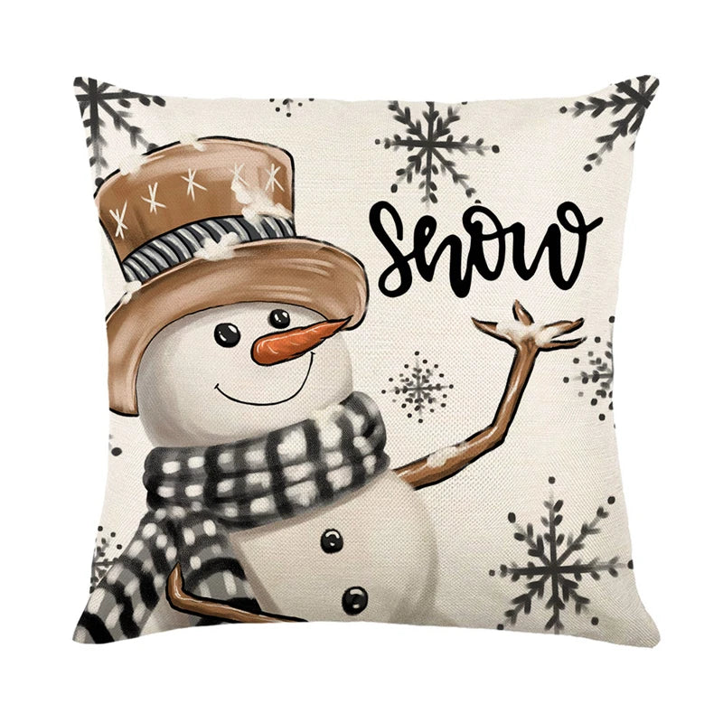 4 PCS Set Christmas Linen Snowman-Elk-Yarn Mittens-Christmas Tree-Wreath Plaid Throw Pillows/Colors-White/Red/Gray/Plaid