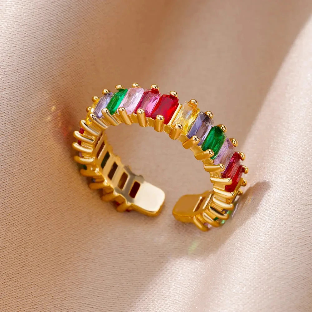 Colorful Square Zircon Anti-Acid-Alkali Stainless Steel Imitation Gold Mood Tracker Crystal Open Finger Rings/Colors-Geometric/Multicolor/Gold/Green/Red