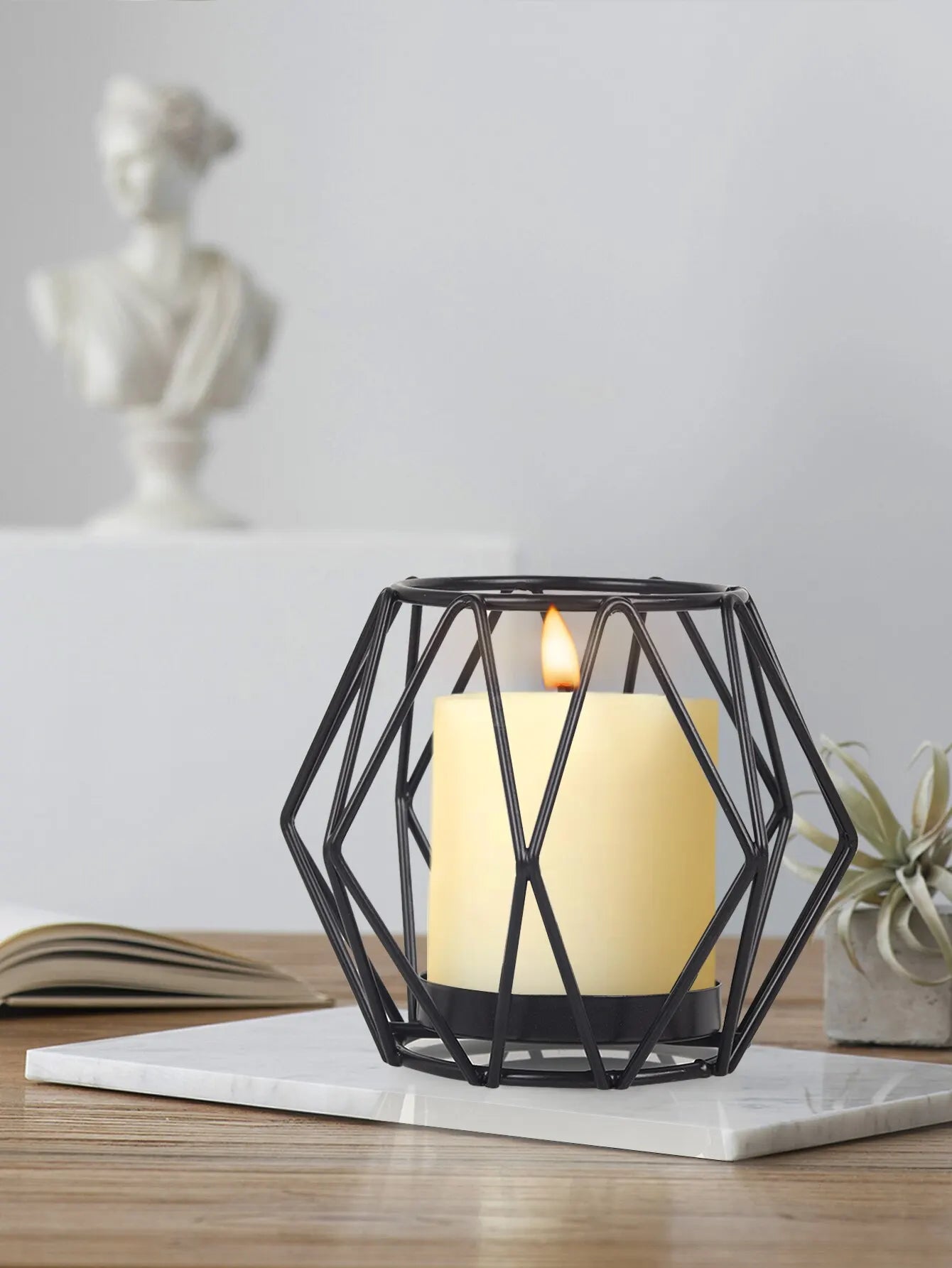 Black Indoor Rounded Edges Nordic Iron Art Geometric Cup Candle Big Tealight Self-Operated Candleholders/Batteries Not Included