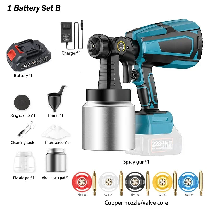 1000ML Electric Spray Gun Cordless Paint Sprayer Auto Furniture Steel Coating Airbrush 5 Nozzle Compatible for Makita Battery