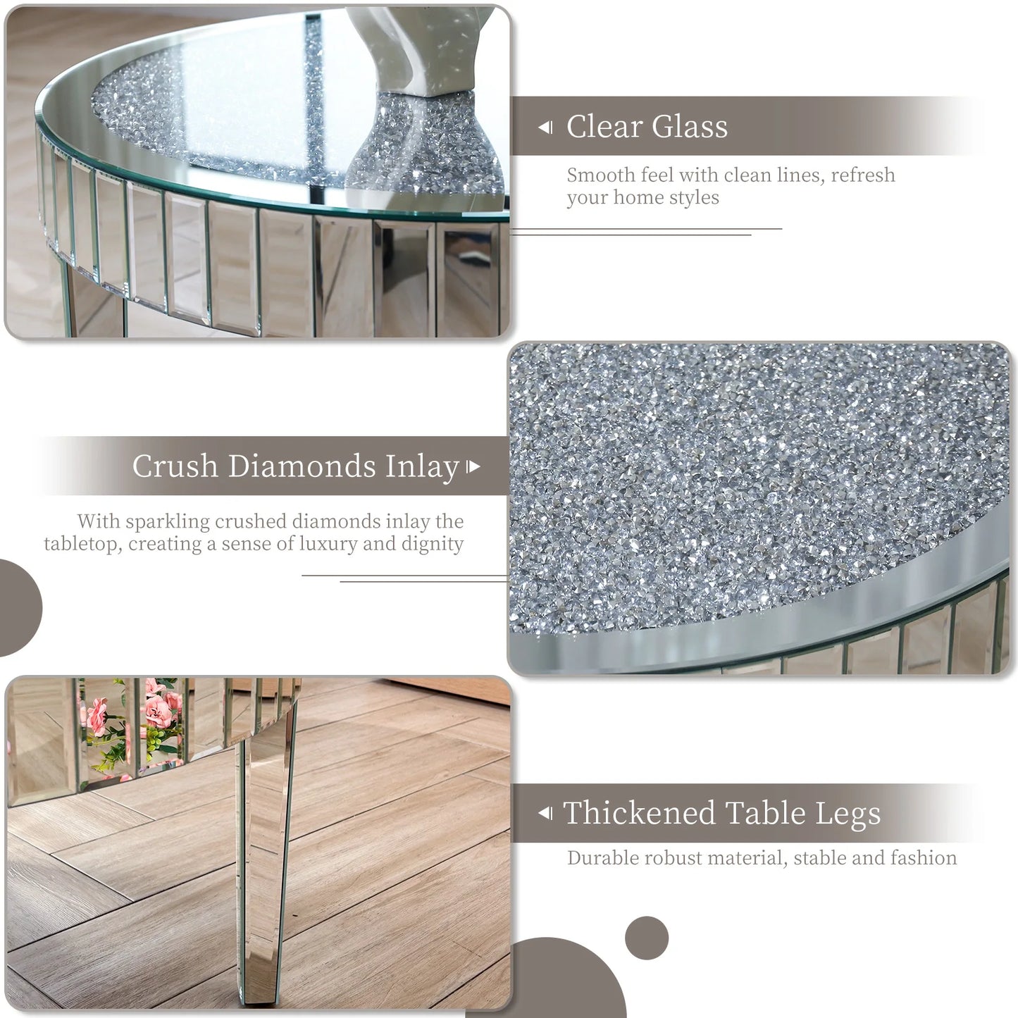 Wisfor Silver Round Copper-Free Mirrored Flat Glass Diamond Inlay Top MDF Board Coffee Tables/Net Weight: 19.95kg/ 43.98 lbs/Weight Capacity: 50kg/ 110.23 lbs/Dimension: L x H 80x46.5cm/ 31.5x18.3 inch