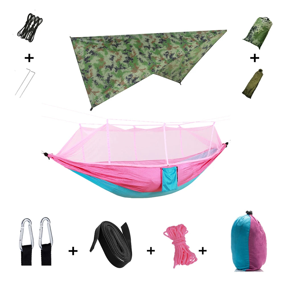 Outdoor Lightweight Waterproof Portable Nylon Mosquito Net-Rope Sleeping Camping Tarp Hammocks/Colors-Camouflage/Gray/Pink/2 Tree Straps/2 Steel Carabiners/Hammock Bag/Load Bearing Weight : 440 lbs