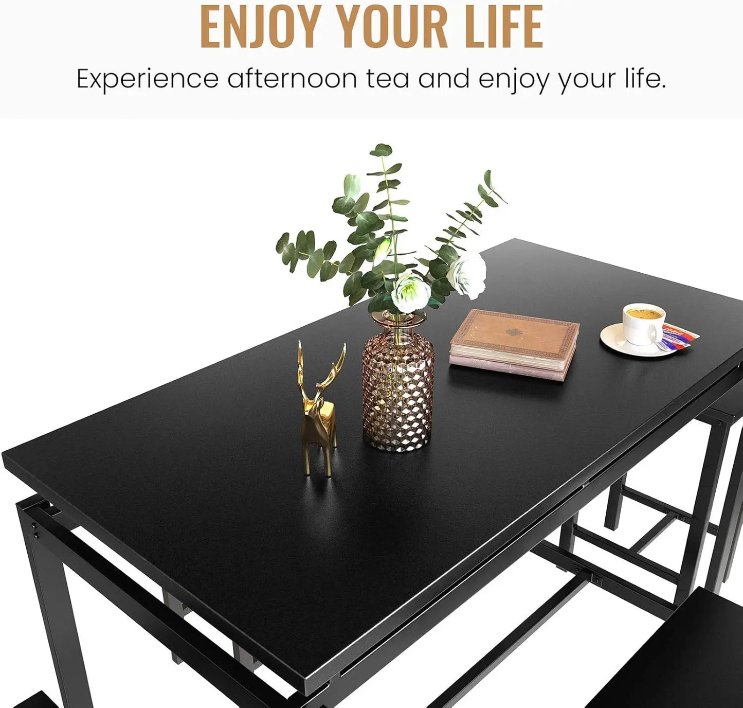 5 PCS Modern Wood Kitchen Table Top w/Iron Frame / 4 Iron Pub Bar Stools/Colors-Brown/Black