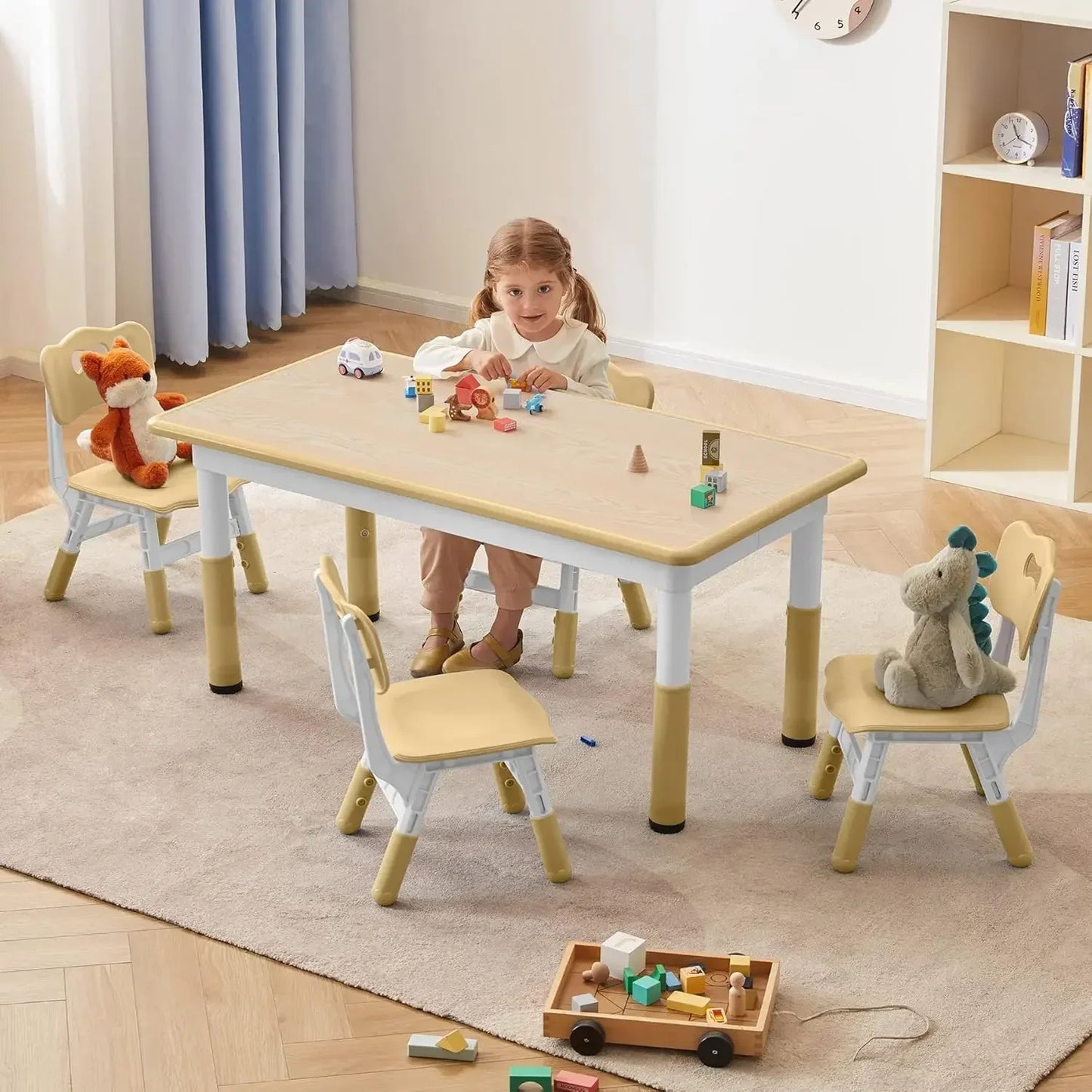 4 pcs White HDP Rectangle Toddler Height Adjustable Table/ 4 Chairs Set/Colors-Beige/White