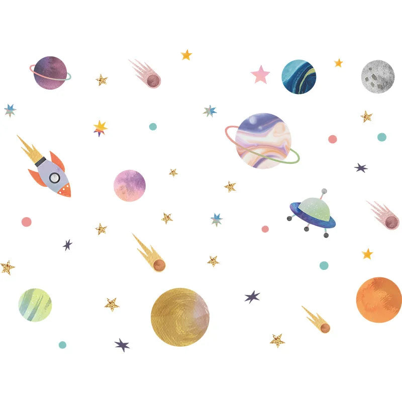 HEATBOYWADE Kids 4 PCS Creative Multicolor Plastic Self-Adhesive Removable Creative Cartoon Universe Planets Space Home Decor Wall Decals Sets /Colors-Multicolor