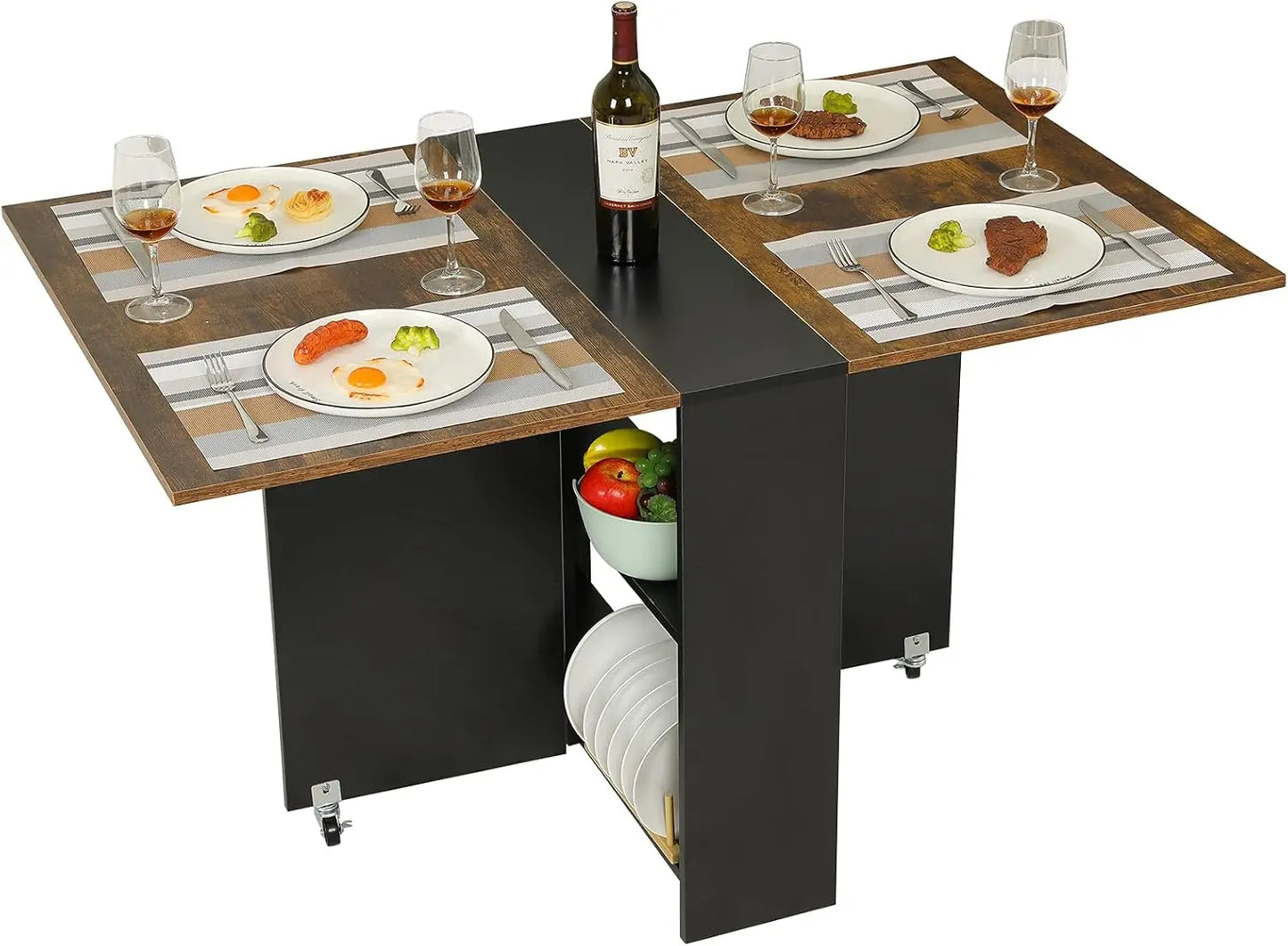 Rectangle Wood Folding Dining Table w/2 Storage Racks/ Drop Leaf Table w/ 6 Wheels/Colors-Wood +White/Chestnut +Gray/Brown +Black