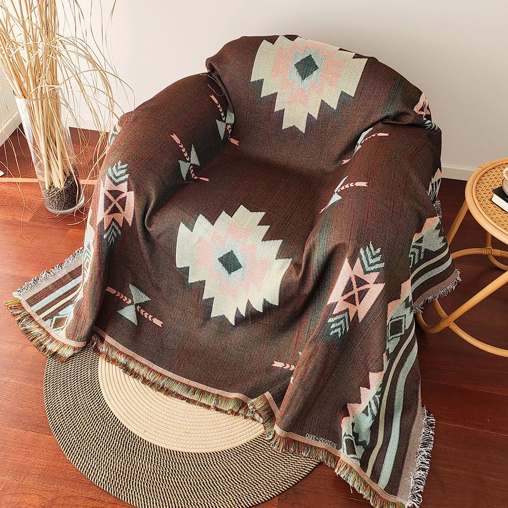 Jacquard Boho Rectangle Polyester-Cotton Oversized Aztec Native American Geometric Double-Sided Blanket Fringed Tapestries