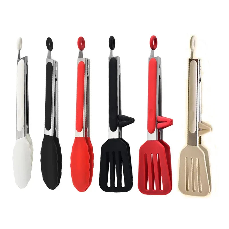 Kitchen 9-Inch Silver Stainless Steel Food Clip-Bracket Silicone Coated Handles-Tongs Tips-Padlock Hang Hole/Colors-Red/Beige/White/Black/Silver/Multicolor