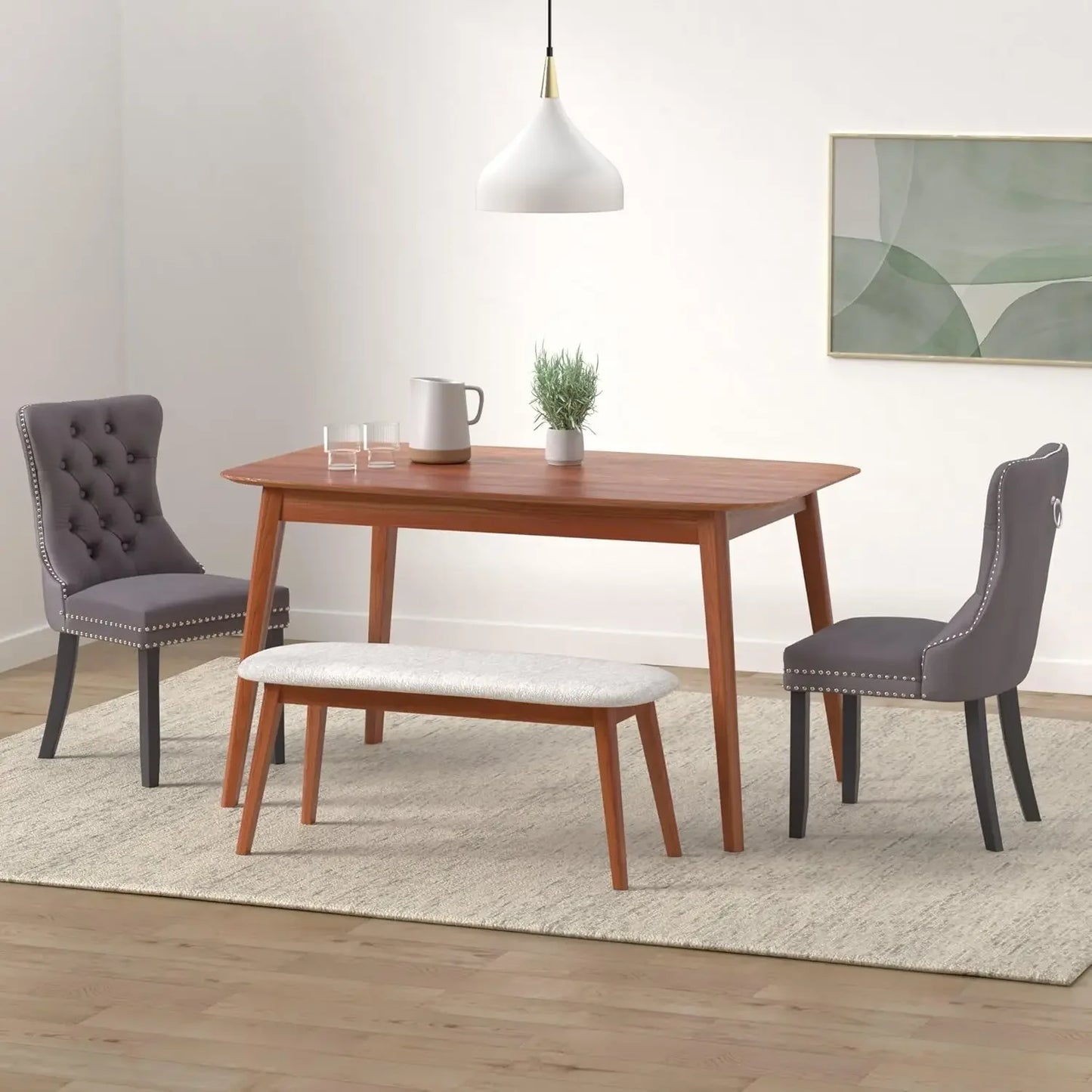 6pcs Gray Upholstered Modern High End Tufted Velvet Wingback Button Trim Back Dining Chairs Set