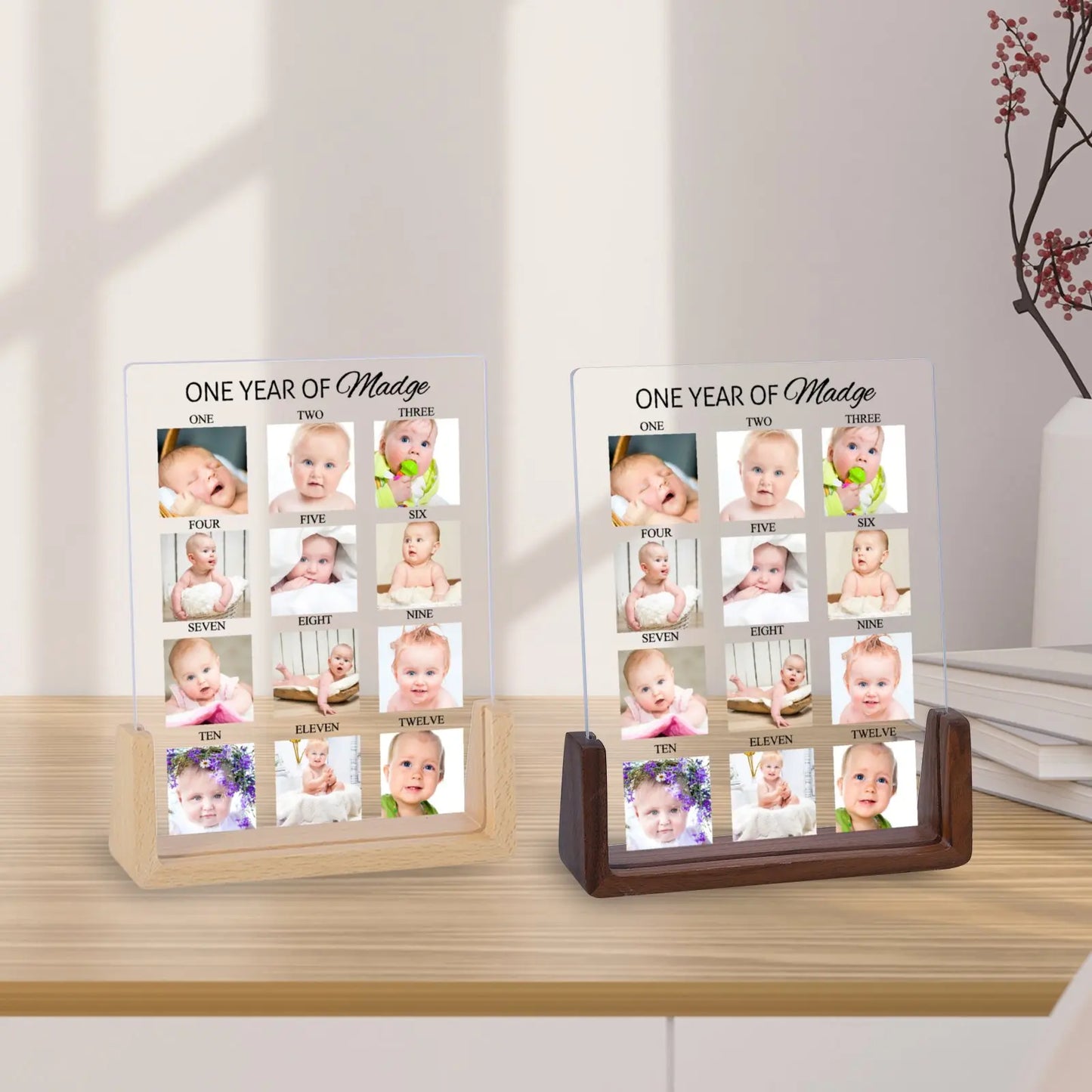 Customized Wood Base Clear Acrylic Plate Rectangle Newborn Babies First Year 12 Photo-Babies Name Display Frames/Colors-Brown/Beige/Clear