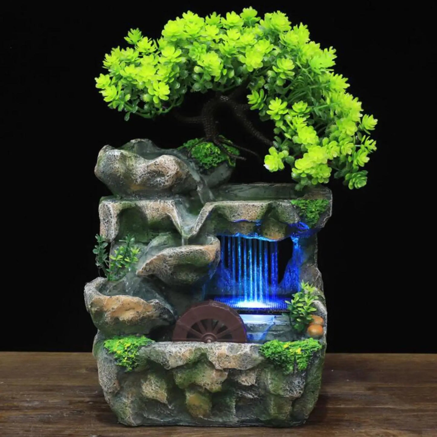Indoor LED Lights Resin Green Bonsai Tree Rocky Mountain Landscape Brown Wheel Flowing Waterfall Tabletop Fountains/Built-In Automatic Pump