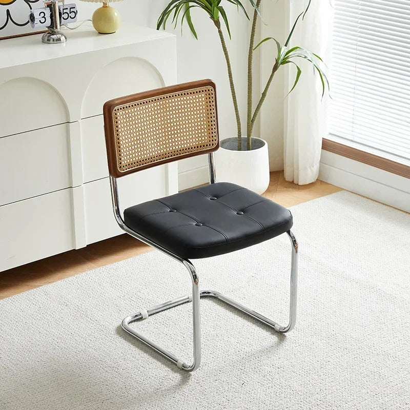 No-EN-Name-Null Nordic Armless Woven Rattan Brown Solid Wood Beige Meshed Hard Backrest-Faux Leather Seat Cushion Silver Stainless Steel Metal Frame-Legs Kitchen-Dining Room Chairs/Colors-Brown/Green/Black/Gray/Orange
