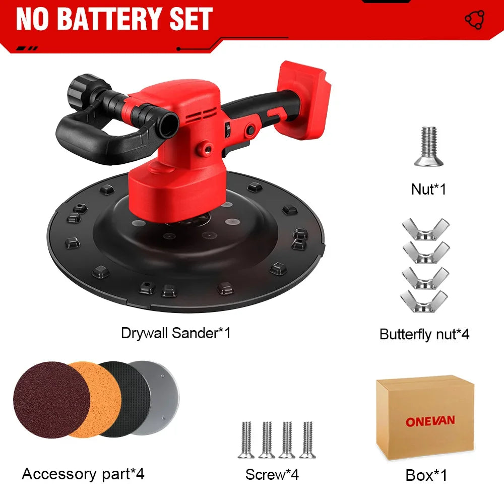 ONEVAN Indoor Black-Red Body Adjustable Speed Brushless Battery-Powered Electric Round Steel Plate Dry Wall Sanders/Batteries Included